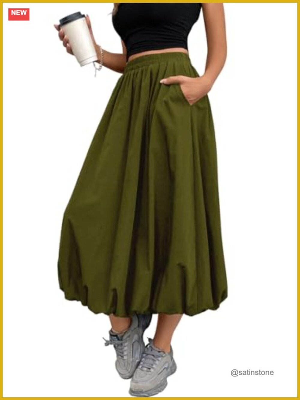 Bubble Skirt Elastic Waist Slant Pockets Puffy Hem A-Line Long Skirt